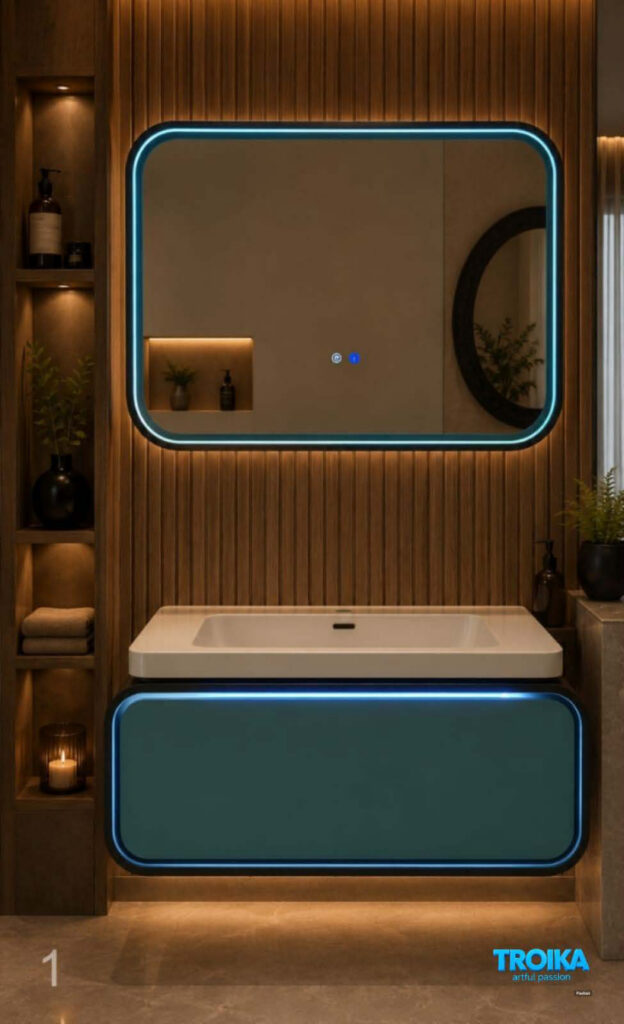 Wall-mounted vanity with backlit rounded-rectangle LED mirror over floating drawer unit; open-shelf storage niche alongside