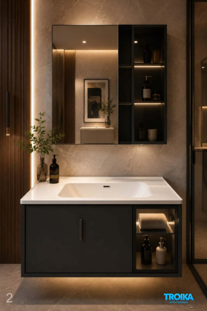 Floating vanity with rectangular mirror paired with an open-shelf display wall cabinet