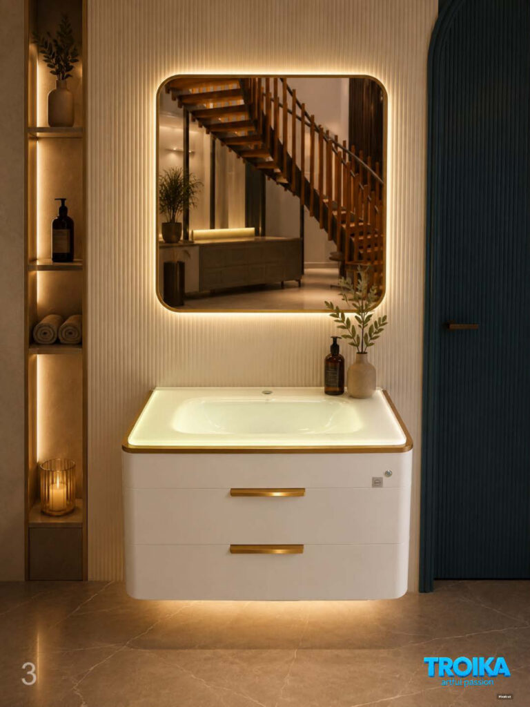Floating vanity with backlit rounded-square mirror over a two-drawer cabinet