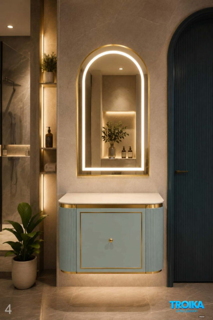 Compact floating vanity with backlit arched mirror over a fluted single-door cabinet