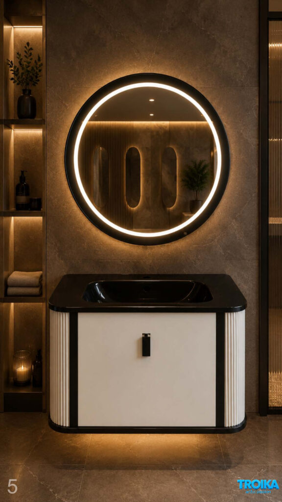 Floating vanity with backlit circular mirror over a two-tone fluted cabinet
