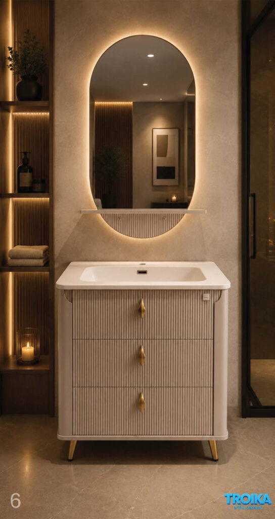 Floating three-drawer vanity on tapered gold legs with backlit oval-top mirror and integrated shelf