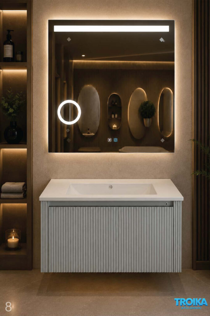 Floating vanity with large square backlit mirror featuring built-in top light bar, magnifier and touch controls