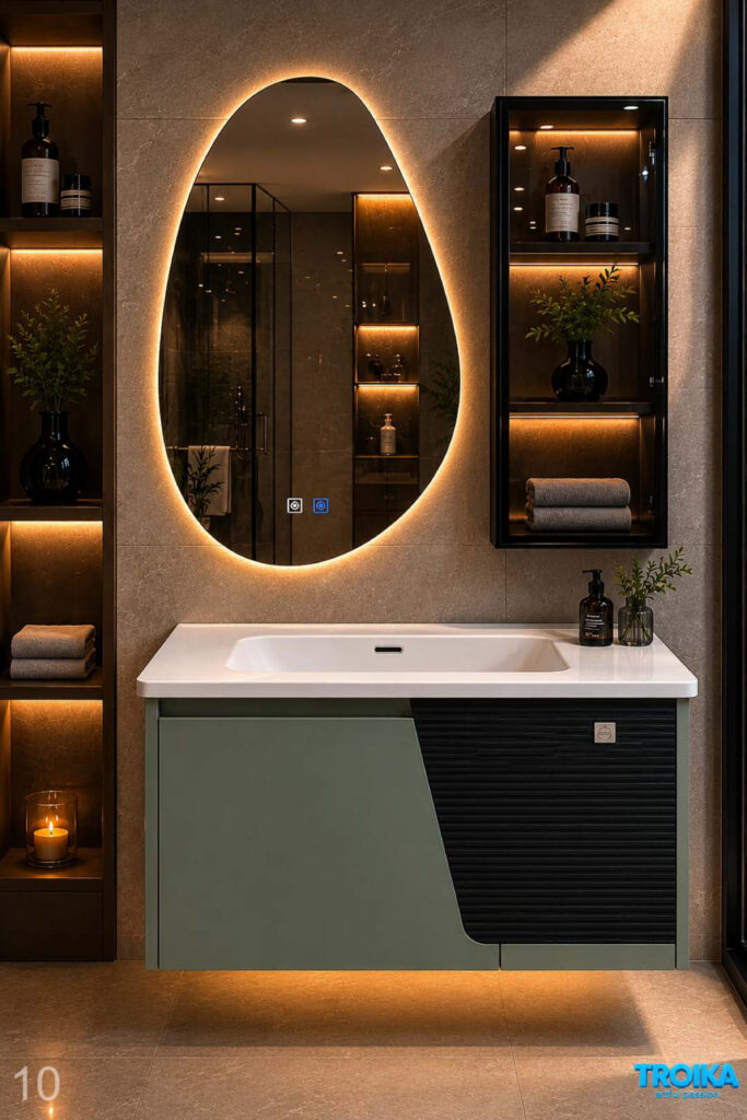 Floating vanity with backlit oval mirror and adjoining wall-hung glass-front storage cabinet