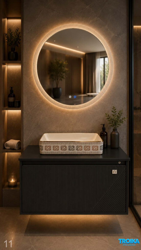 Floating vanity with backlit round mirror (fluted frame) over a black-top cabinet with patterned ceramic vessel basin