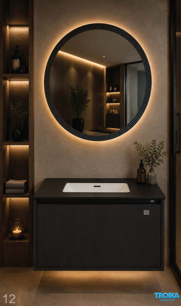 Floating vanity with backlit round mirror (fluted black frame) over an all-black fluted cabinet